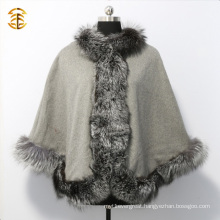Luxury Genuine Silver Fox Fur Trimmed Womens Shawl